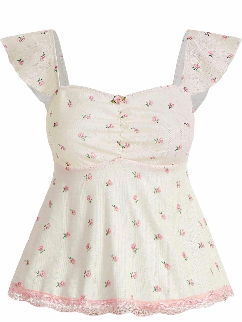 ROMWE White Rose with Pink Lace Trim Women's Top